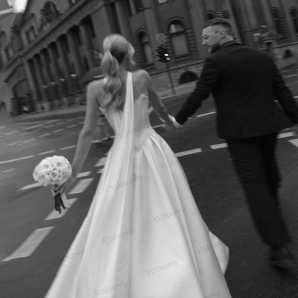 فساتين زفاف أنيقة من الساتان المطرز بدون أكمام بدون حمالات على شكل حرف a بدون أكمام سويب تراين فساتين العروس مع شالات مخصصة #3