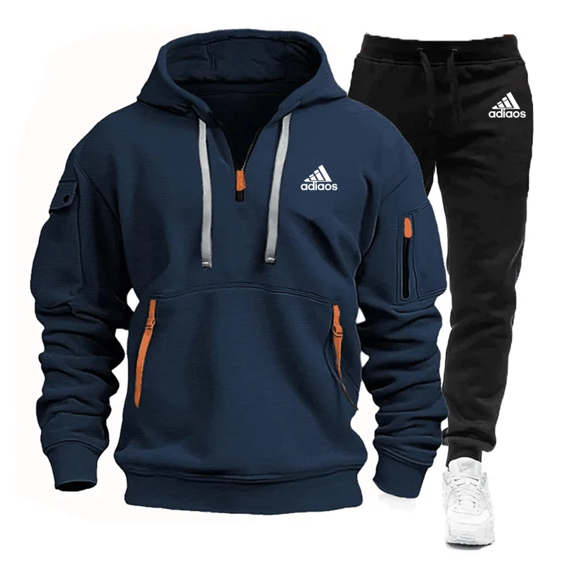 Set di abbigliamento sportivo e pantaloni con cerniera multitasche da uomo, abbigliamento sportivo Casual, tuta da corsa, due pezzi con cappuccio primaverile e autunnale