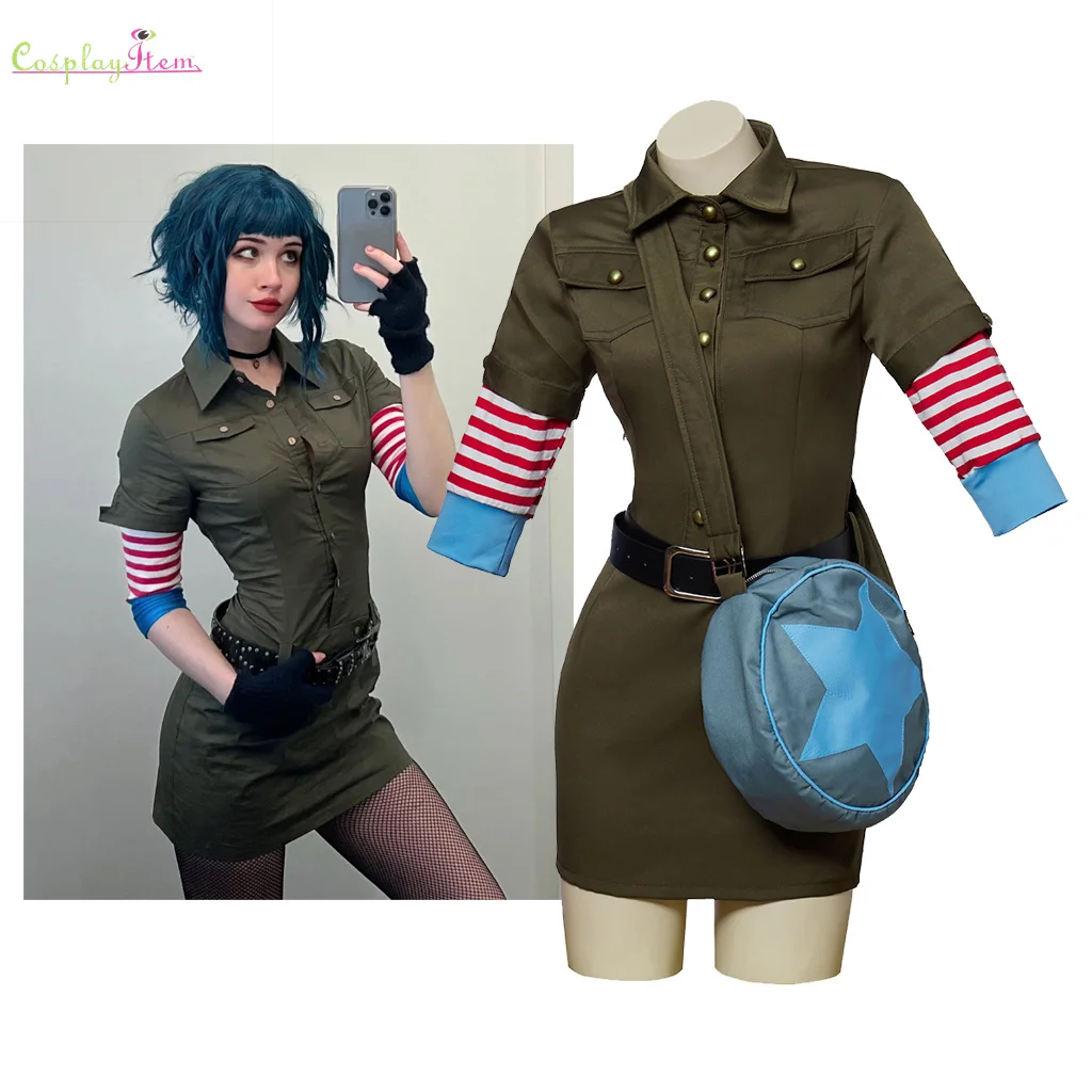 Scott Pilgrim Cosplay Women Ramona Flowers Cosplay Costume Cargo Dress Outfit with Star Circle Messenger Bag for Halloween