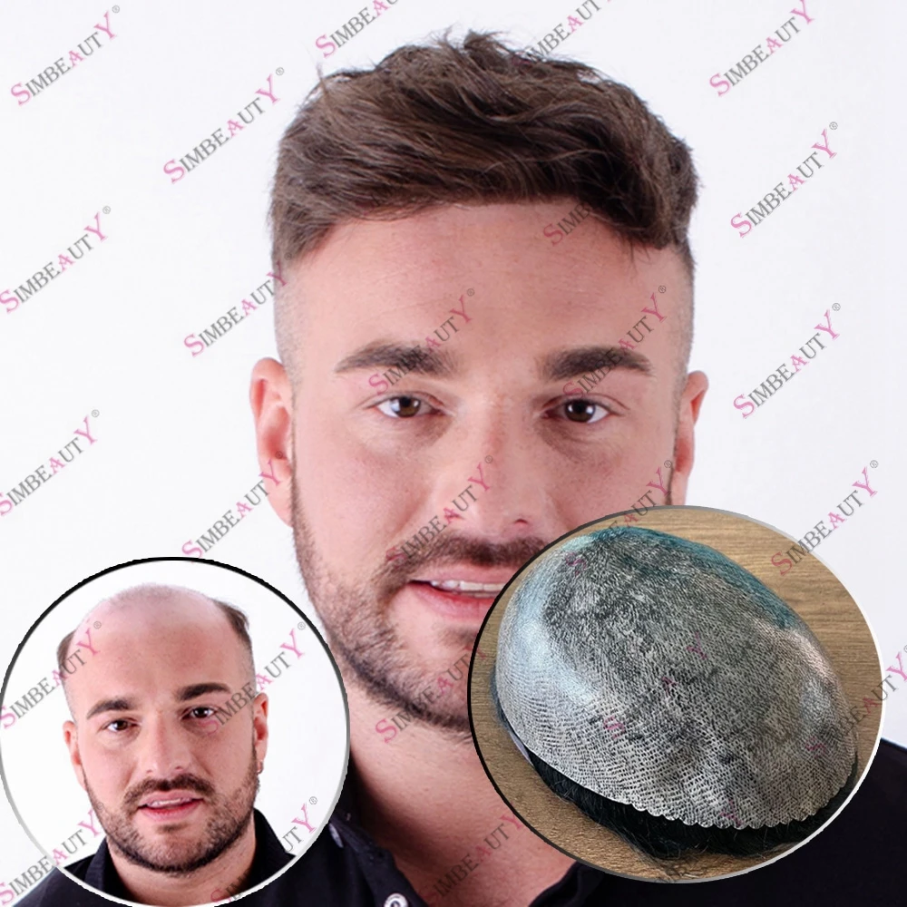 Sistema de prótese capilar para substituição de pêlos, toupee para homens, 0,1mm fino, super durável cabelo humano, acessível