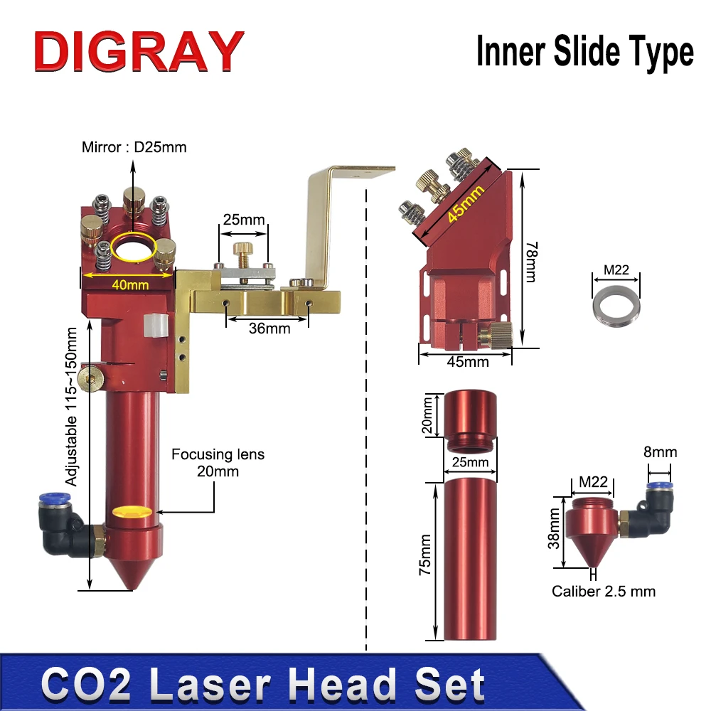 DIGRAY Inner Slide Co2 Laser Head With Air Nozzle For Inner Guide Laser Cutting Engraving Machine Spare Parts.