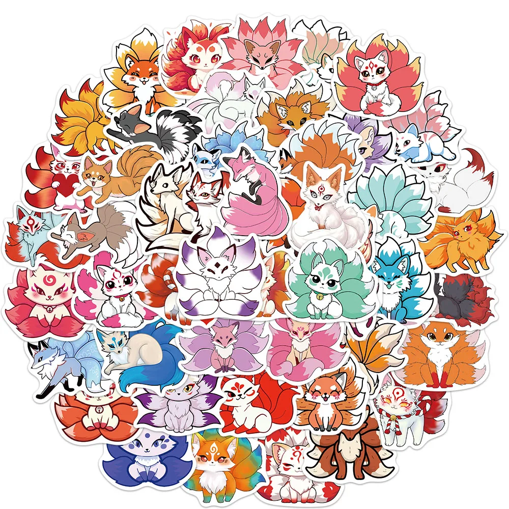 50 Pezzi Adesivi Decorativi con Volpe a Nove Code, per Chitarra, Laptop, Valigie, Cover per Telefono, Impermeabili
