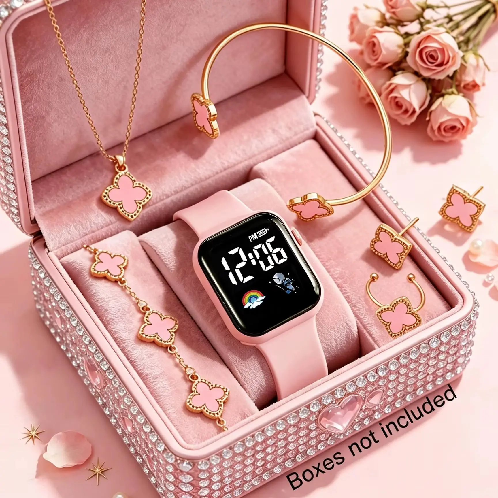 7-Piece Set of Elegant and Fashionable Women's Electronic Watches with Colorful Lights, Butterfly Series Pendant Jewelry, Romantic Birthday Gift