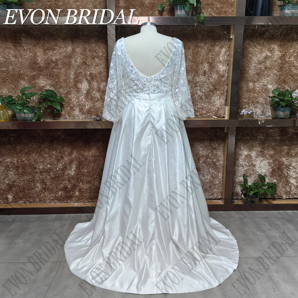 EVON BRIDAL V-Neck Plus Size Wedding Dresses For Women Puff Sleeves Sequin Bride Gown With Pockets Classic Satin Bridal Dresses