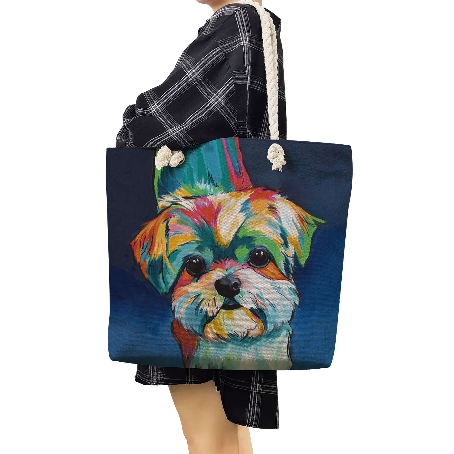 Casual Oil Painting Dog Print Shopping Bags for Groceries Papillon Pug Retriever Print Women Handbag Shoulder Large Capacity