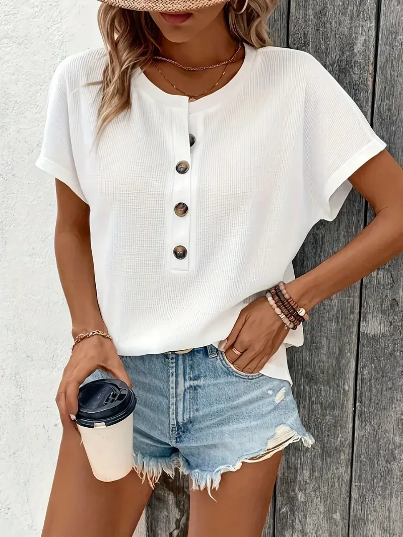 Europa En Amerika Grote Effen Kleur Korte Mouw T-Shirt Vrouwen Zomer Nieuwe Losse V-Hals Casual All-Matching Driepunts Mouw B - afbeelding 2