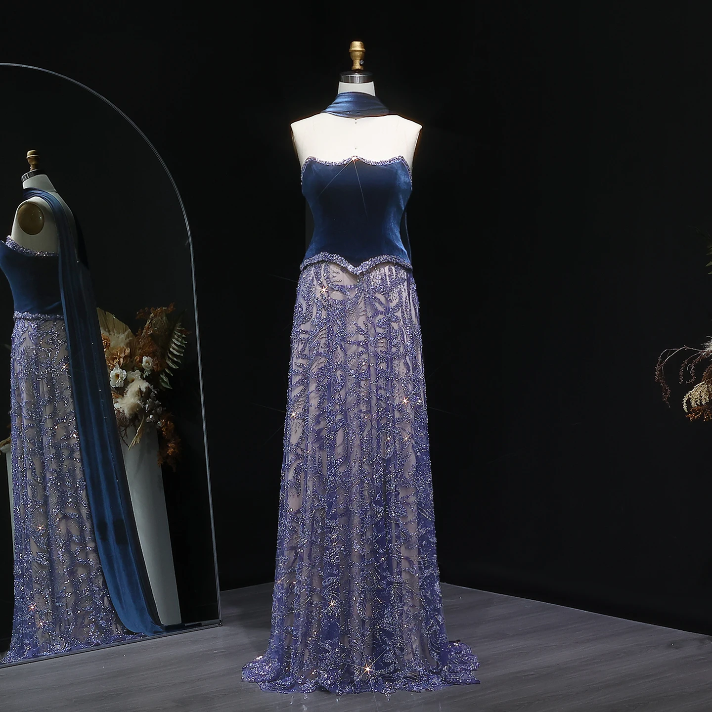 Sharon Said Luxuriöses Arabisches Perlenbesetztes Blaues Samtkleid mit Schal, Zweiteiliges Abendkleid 2026, Hochzeitsgast-Partykleid SS793, Maßanfertigung – Detail 7