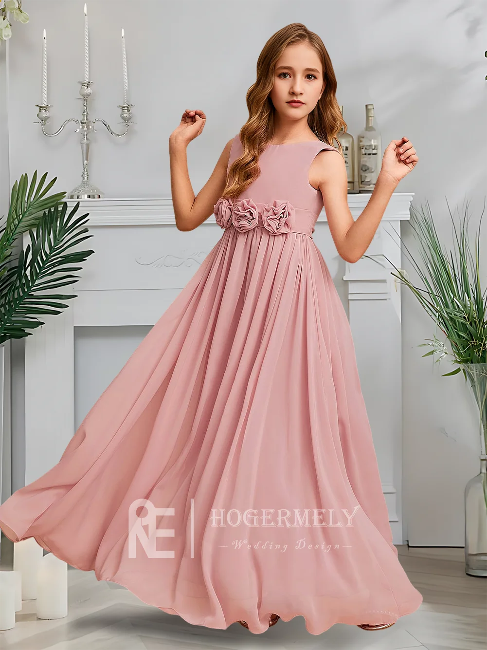 Роскошное платье подружки невесты с круглым вырезом, платье для девочек-цветочниц, шифоновое платье трапециевидной формы длиной до пола, садовое гала-свадьба