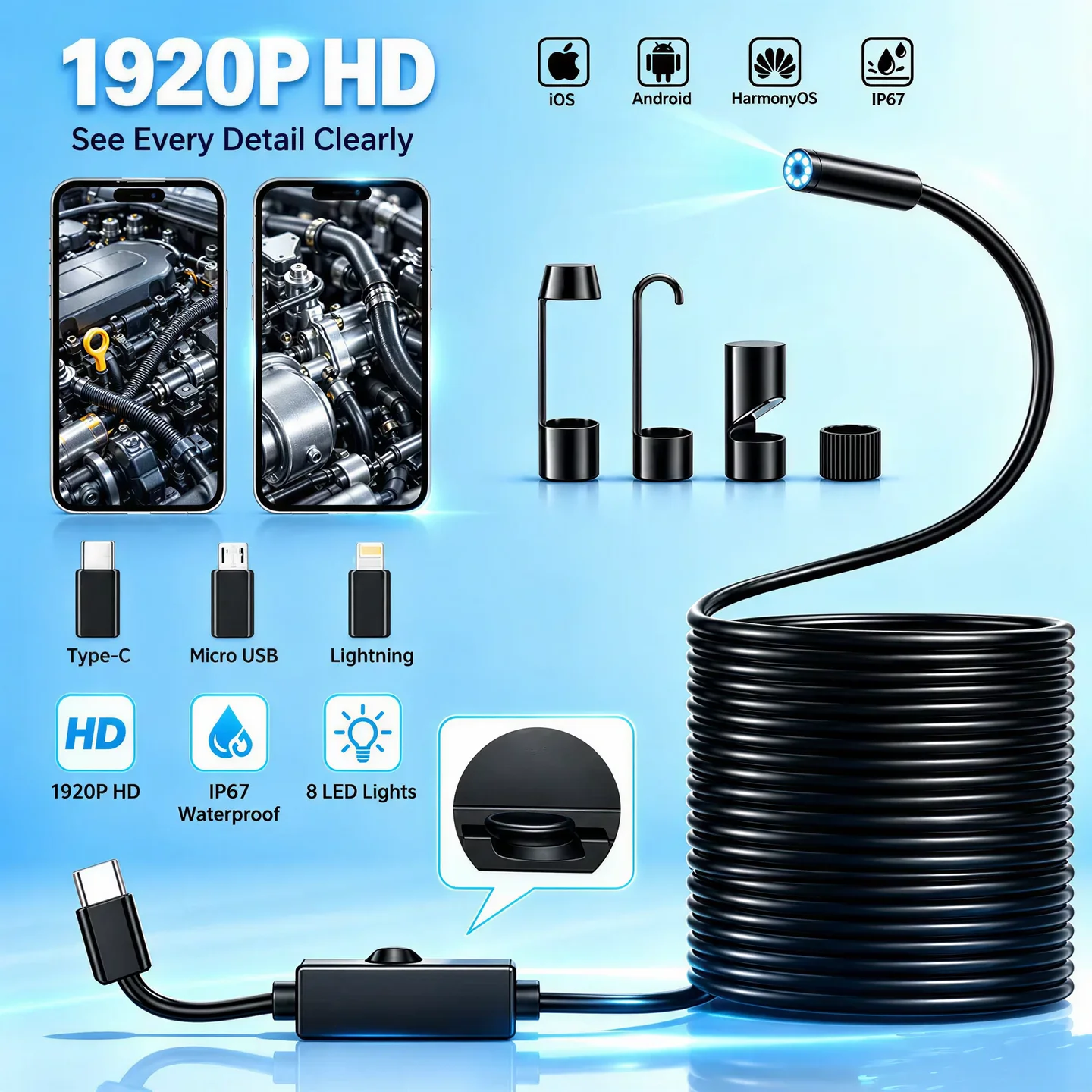 Semi Rigid Calbe 1920P HD Endoscope Camera for iPhone Android, 8 LED Lights IP67 ...