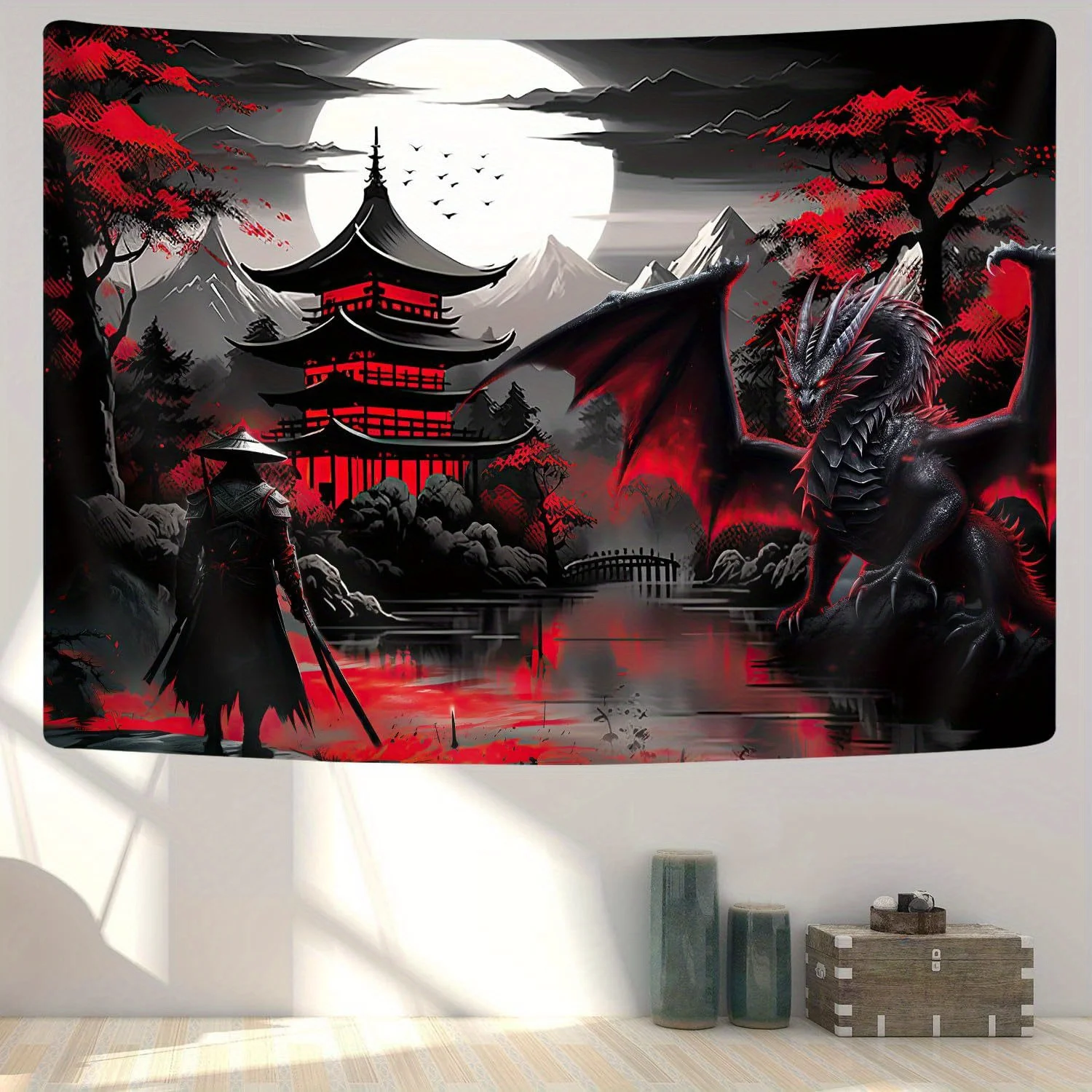 Japanese Anime Samurai & Dragon Tapestry, Red & Black Medieval Fantasy Wall Hanging, Sunset Mountain Landscape Tapestry