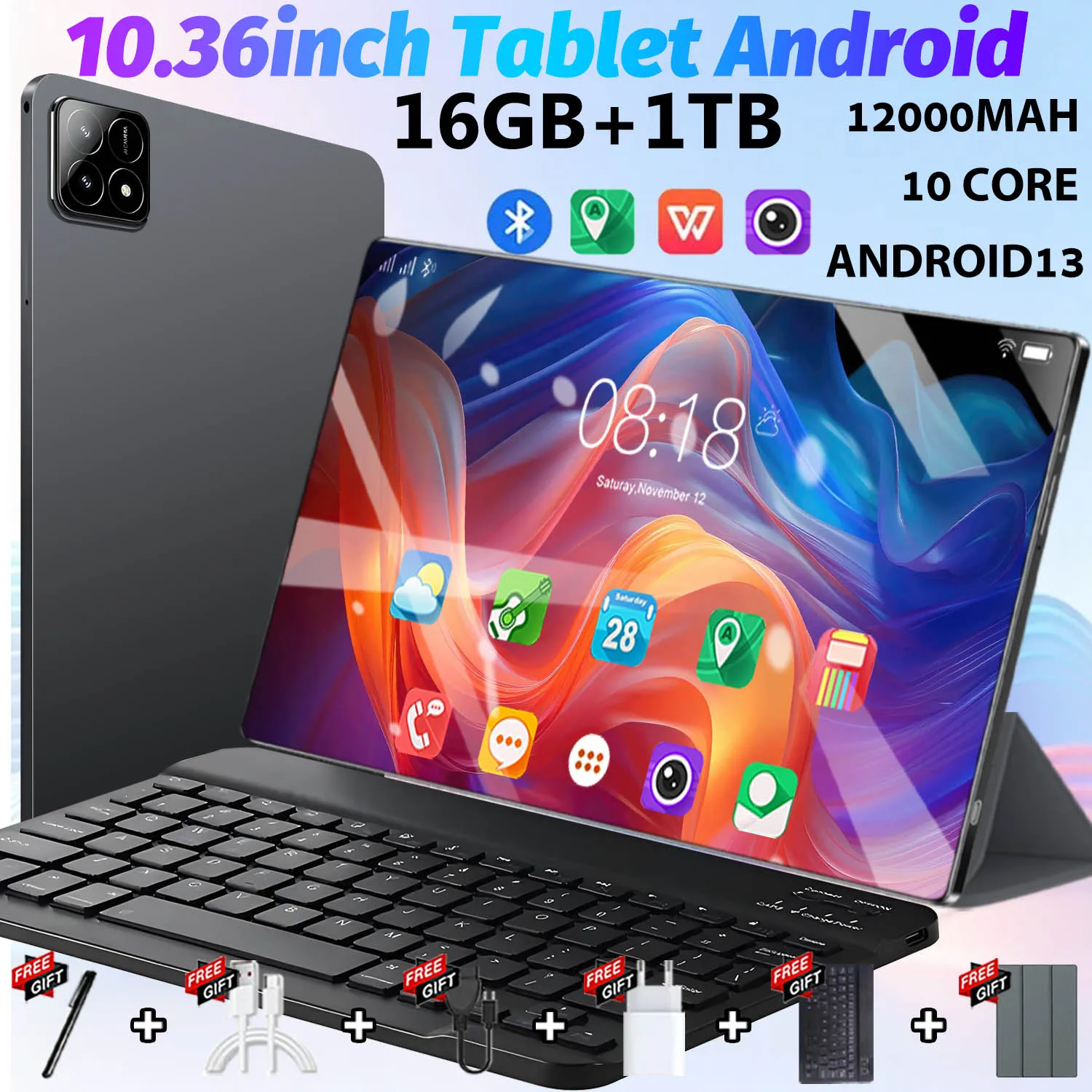 10.36 Inch Tablet Android 16GB+1TB ROM 16+32MP 5G 2026 New Global Version12000mAh  Android 13.0 Dual Sim Card GPS Bluetooth WIFI