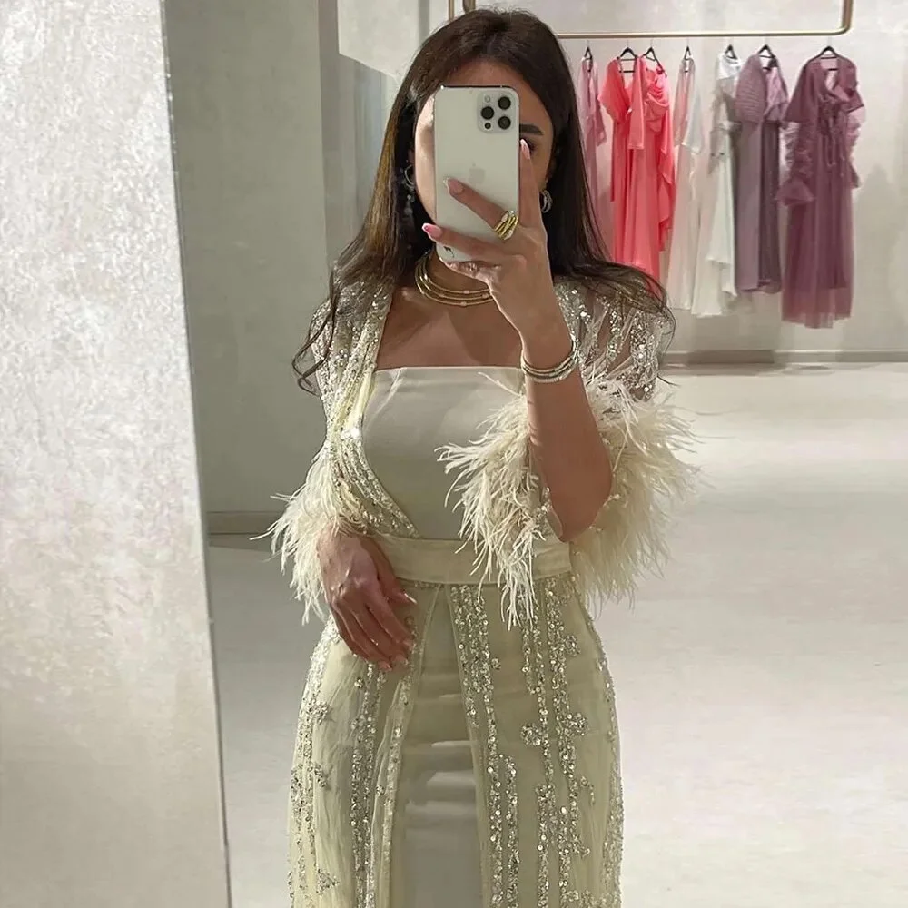 15823# Customized Dubai Feathers Sequined Lace Evening Dresses For Women Ankel Length Wedding Luxury  Arabic Formal Party Gown