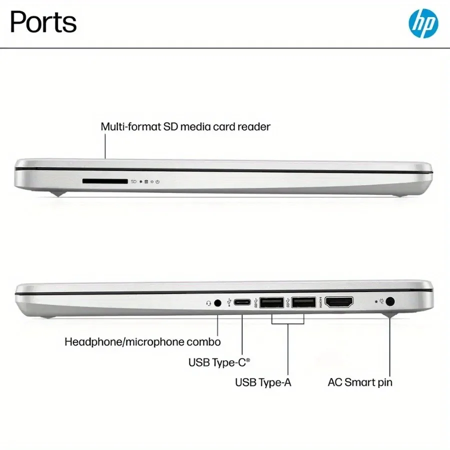 Laptop empresarial HP HD de 14", processador Intel N150, 16 GB de RAM, 128 GB UFS, gráficos Intel, Wi-Fi 6, Windows 11 Home, prata natural
