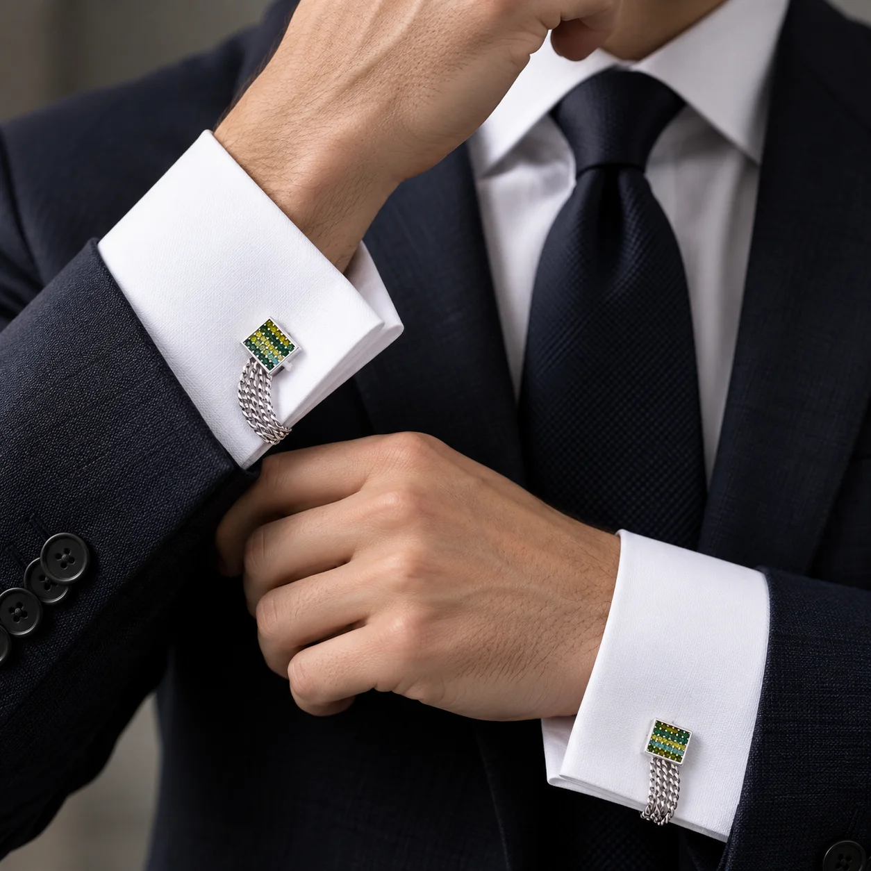Square Crystal Chain Cufflinks for Men, Silver Plated Brass Green Yellow Rhinestone Cuff Links Formal French Shirt Accessories