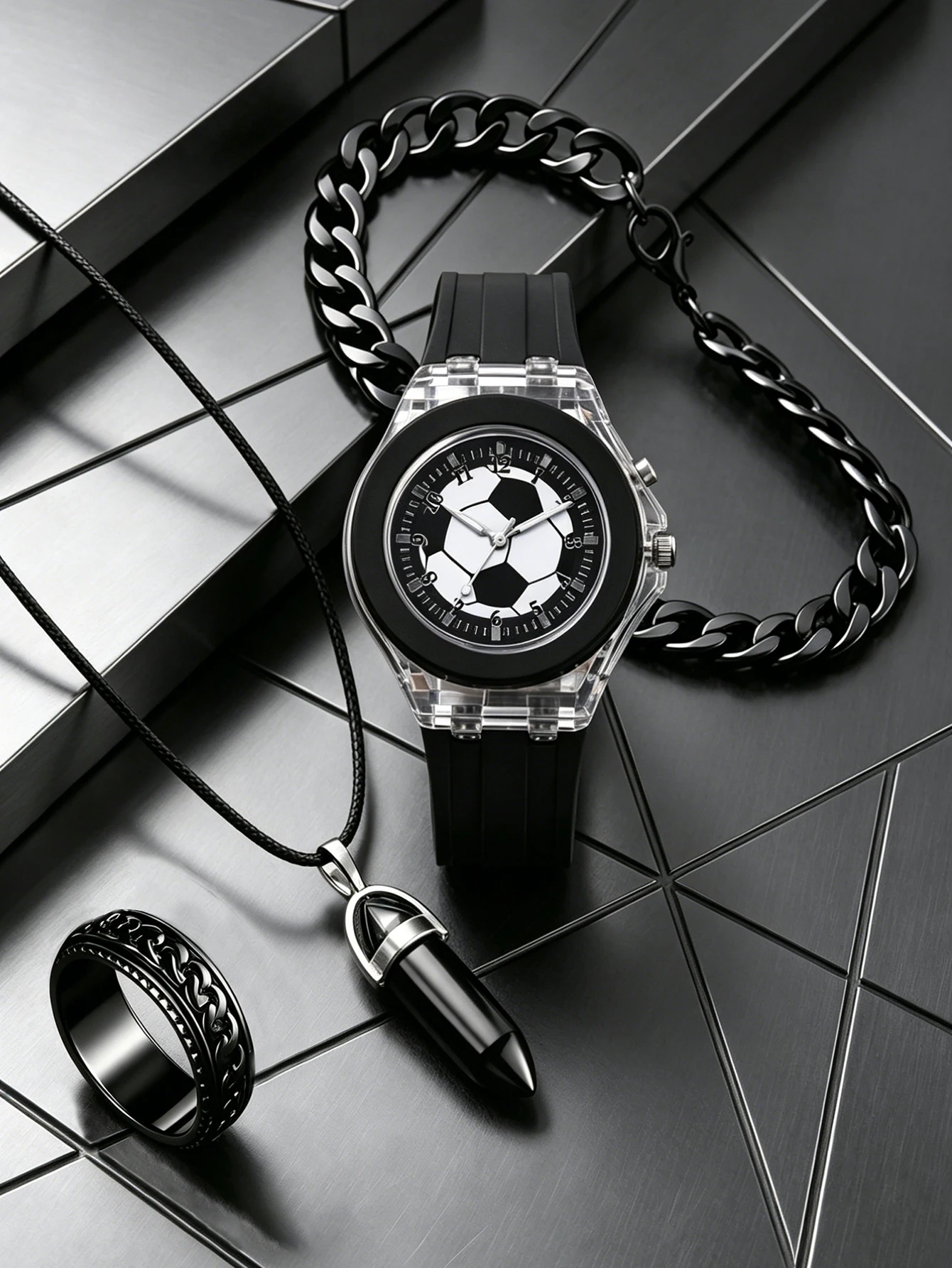 

Fashionable Glowing Black White Football Children's Wristwatch Set Casual Versatile Gift Ideal for Daily Wear