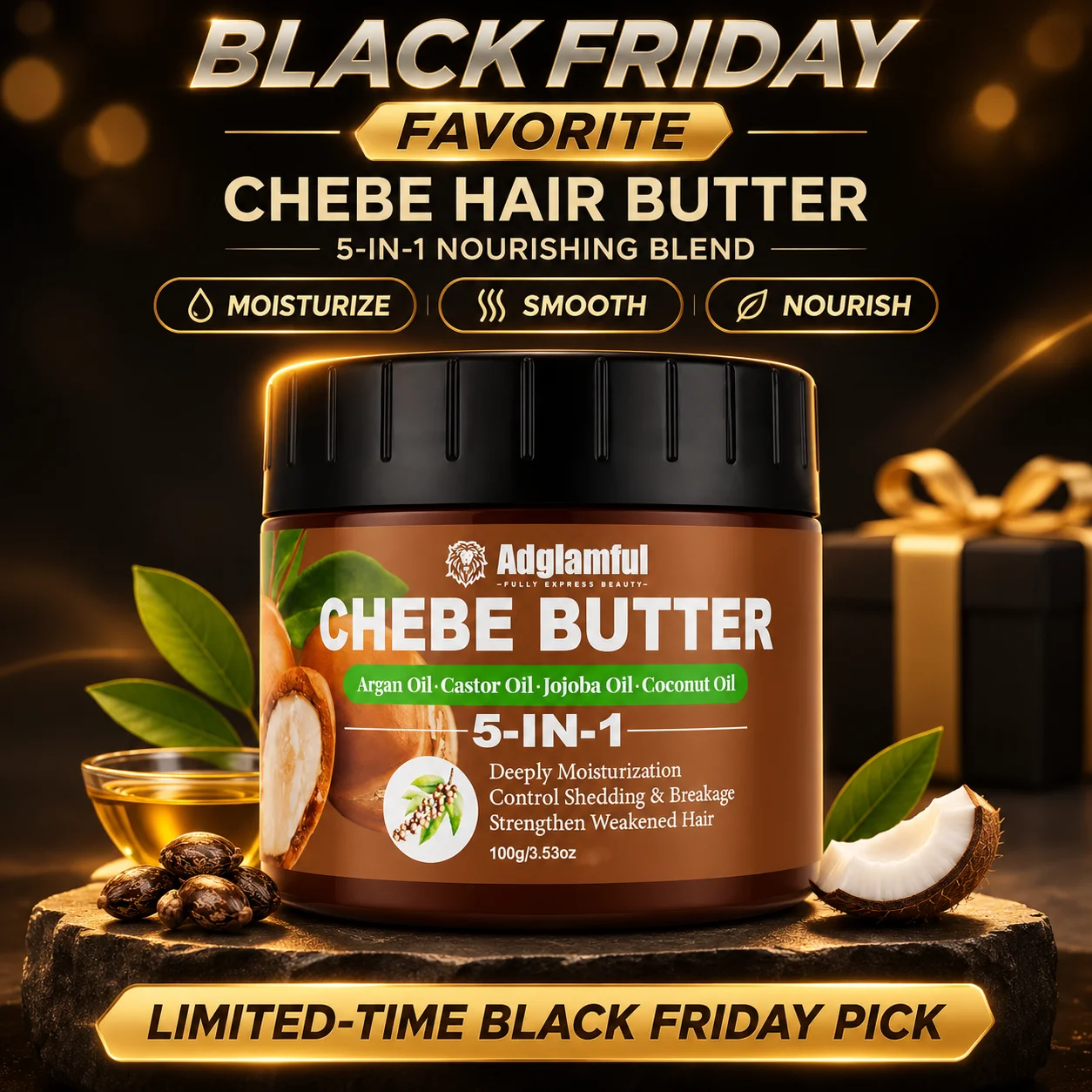 Adglamful Chebe Hair Butter 100g, 5-in-1 Moisturizing Hair Cream with Argan, Castor, Jojoba & Coconut Oils