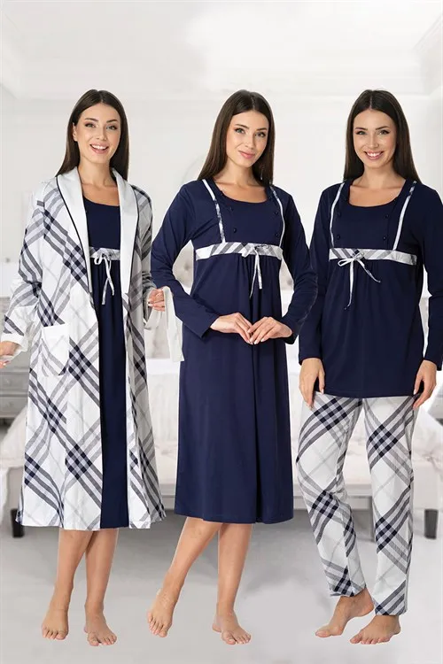 رداء للأمهات بنمط زهور من LOHUSA HAMILE لعام 8086 ملابس نوم للأمهات وبجامات للأمهات لون كرزي 4 قطع معًا