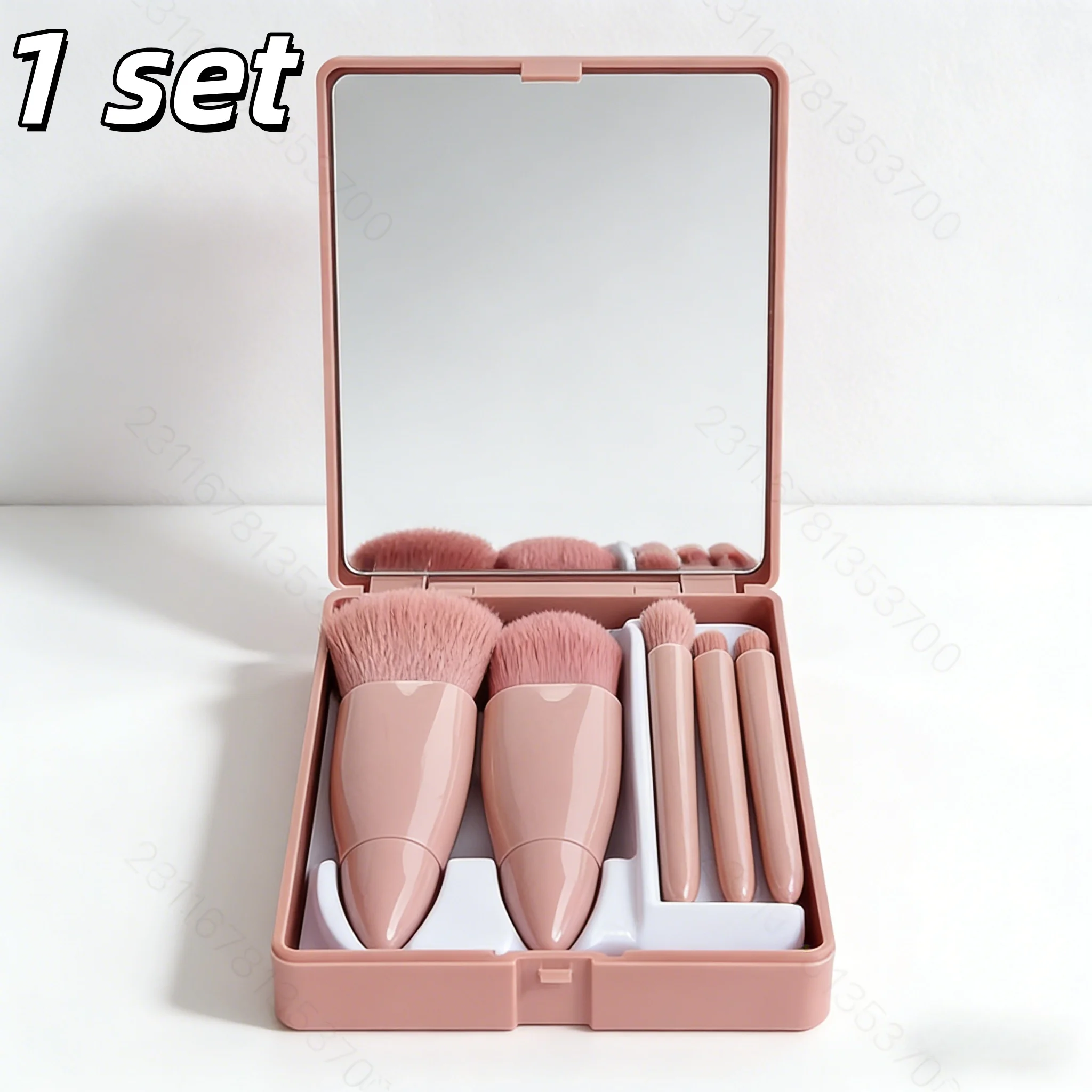 ชุดแปรงแต่งหน้าสีชมพูหรูหรา 1 ชุด - กล่องพร้อมกระจก 5 ชิ้น ขนแปรงนุ่ม เหมาะสำหรับการแต่งหน้าระหว่างเดินทาง ให้ความรู้สึกหรูหรา