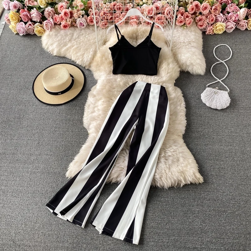 Summer Women Outfits Spaghetti Strap Sexy Tank Tops Stripe Wide-Leg Pantsuit Female New Fashion Vintage Trousers 2 Pieces Suit