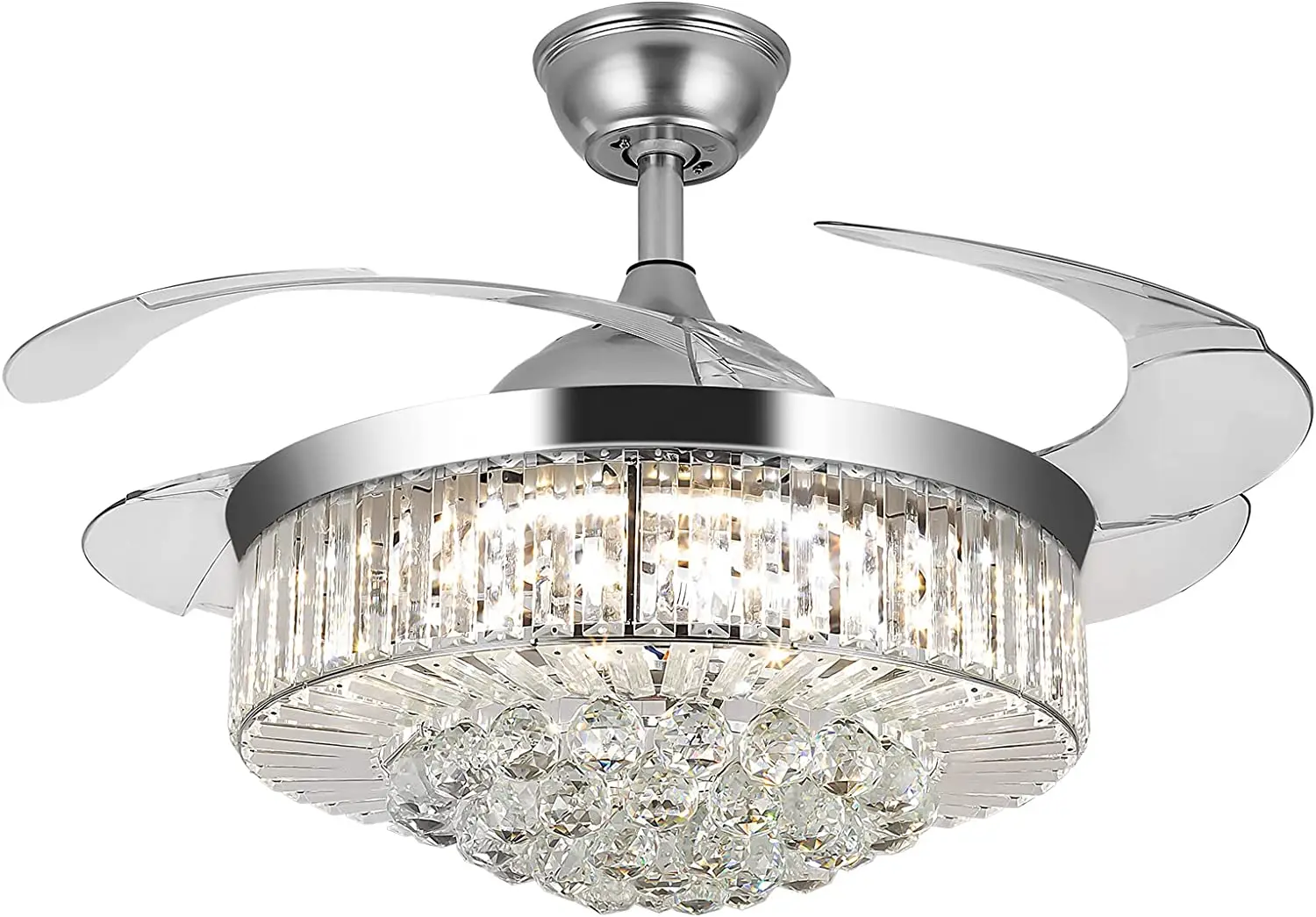 42"Invisible Ceiling Fan Chandelier Light,Modern Crystal Ceiling Fan Light Remote Control 4 Retractable ABS Blades For Bedroom