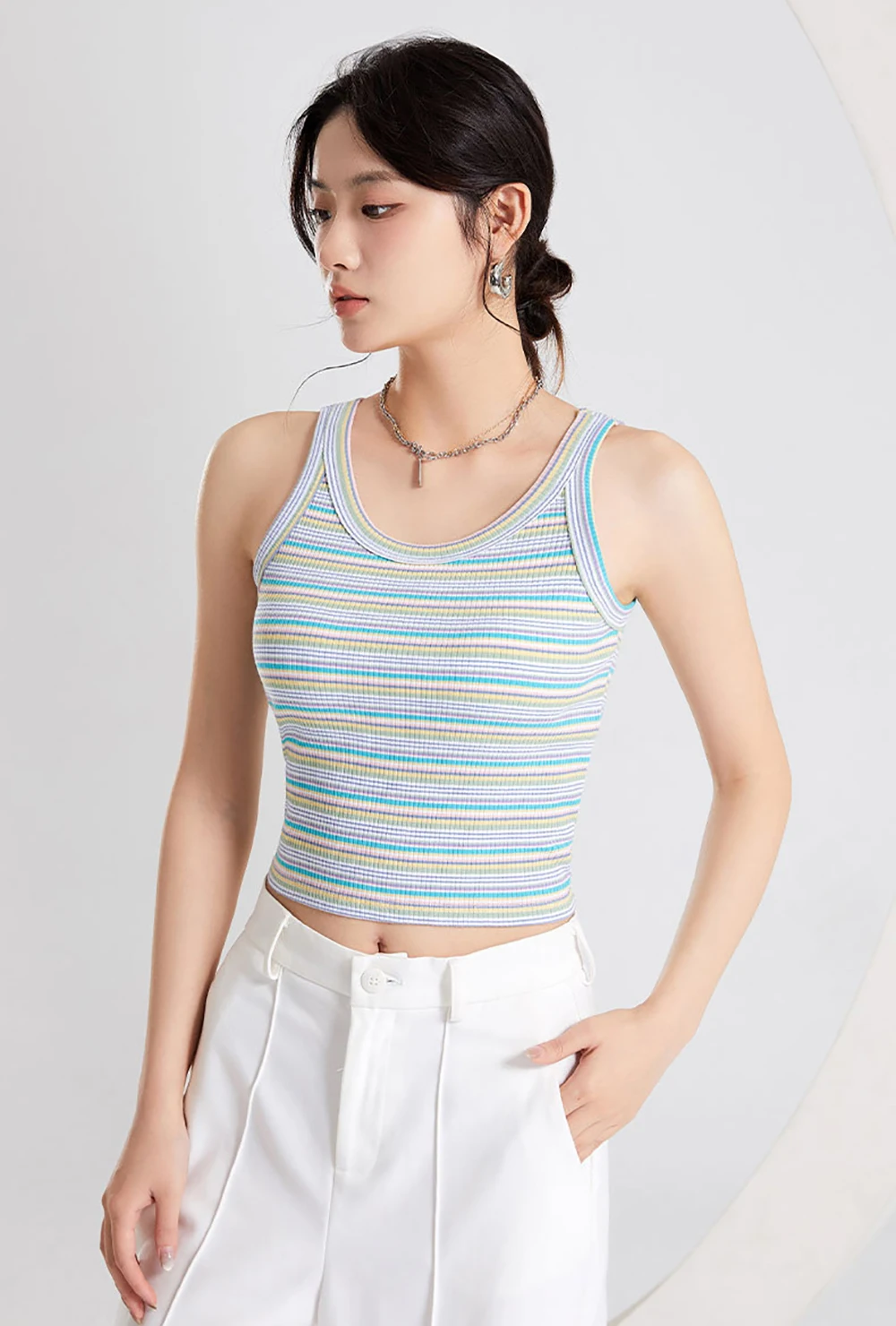 Ribbed Women's Camisole Short Crop Tops Padded with Bust Striped Color Base Layer Tank Sleeveless Female Blouse Undershirt C5712