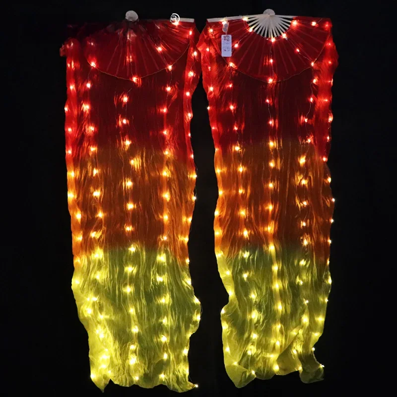 100% jedwabiu LED Rainbow Dance Long Fans Belly Dance Performance Props Belly Dance Chinese Dance LED Fans 1szt/1para z bateriami — zdjęcie 2