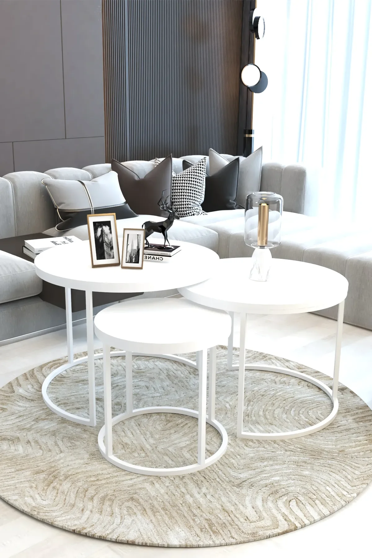 Luxury 3-piece Wood Center Table Modern White Metal (Atlantic Pine-White-Rivoli) Living Room Lounge Service Coffee Table Scandinavian Stylish Design