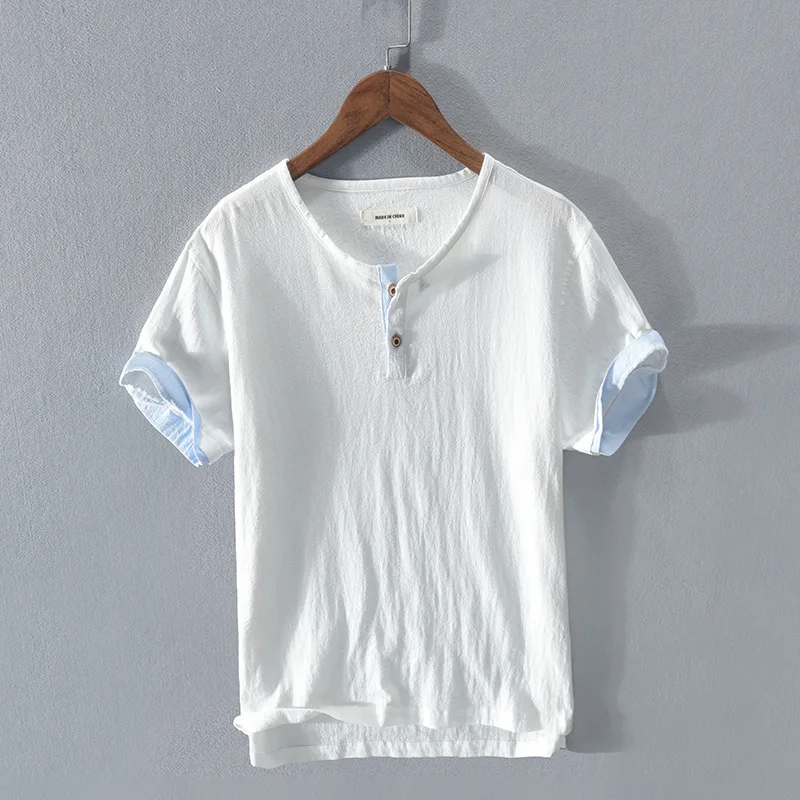 2022 new Men's T-shirt Cotton and linen Solid Color t shirt Men Causal O-neck Basic Tshirt Male High Quality Classical Tops