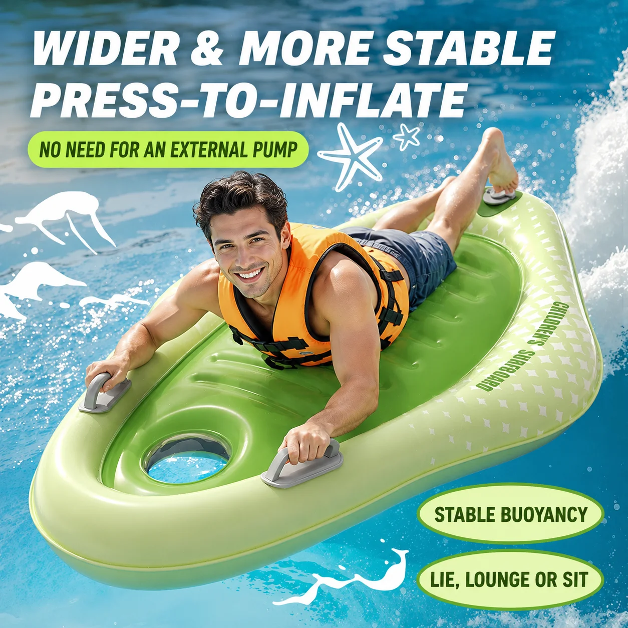 Penguin Inflatable Surfboard Float with Dual Handles, Press-to-Inflate Water Board for Pool Beach Summer Fun view 2