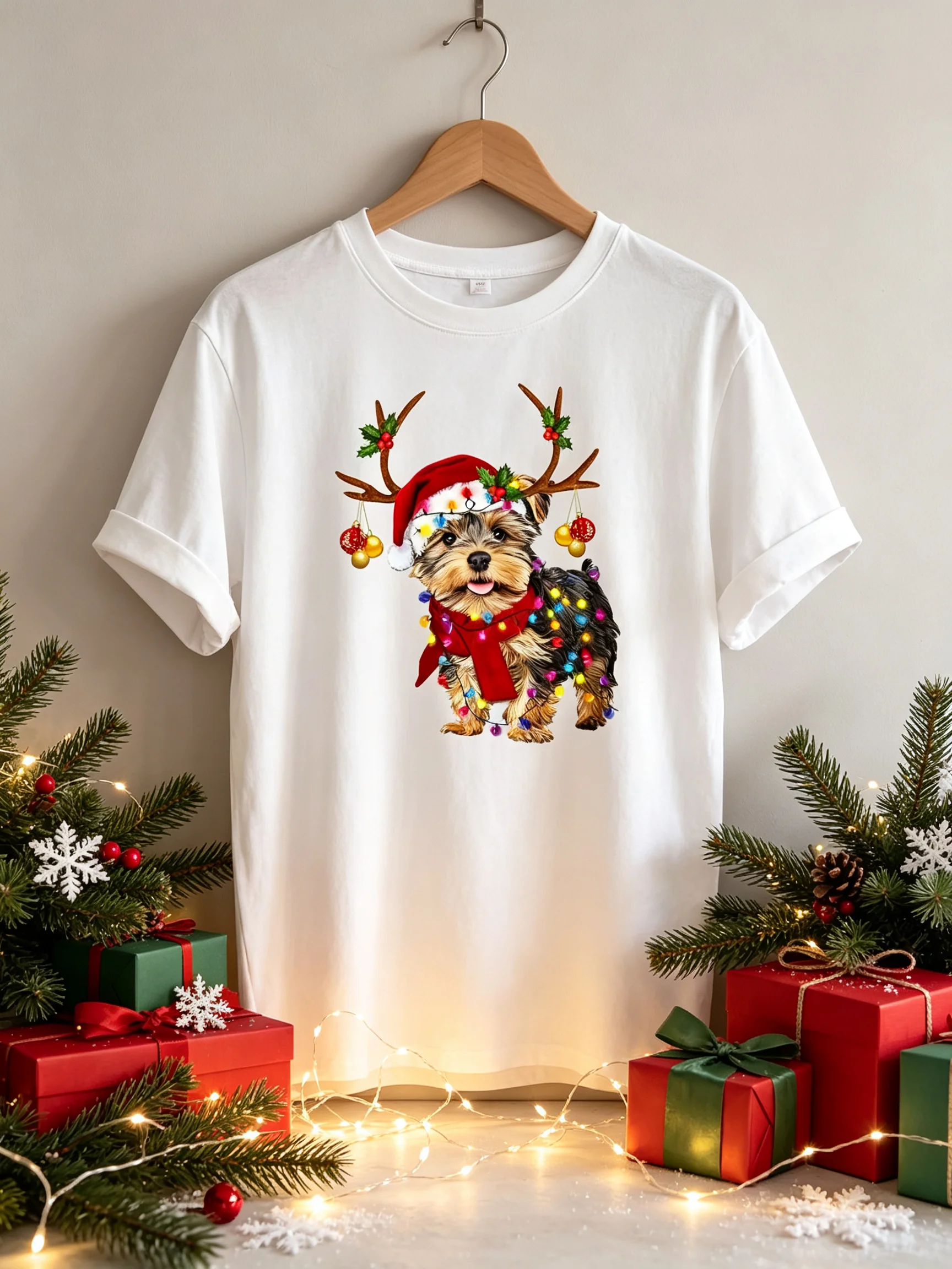 Women's Christmas Graphic T-Shirt - Festive Yorkshire Terrier Santa Hat & Lights Print, Soft Round Neck Short Sleeve Tee, Machine Washable Holiday Party Top for Spring Summer Fall Casual Wear, Christmas Tshirt, Durable Fabric