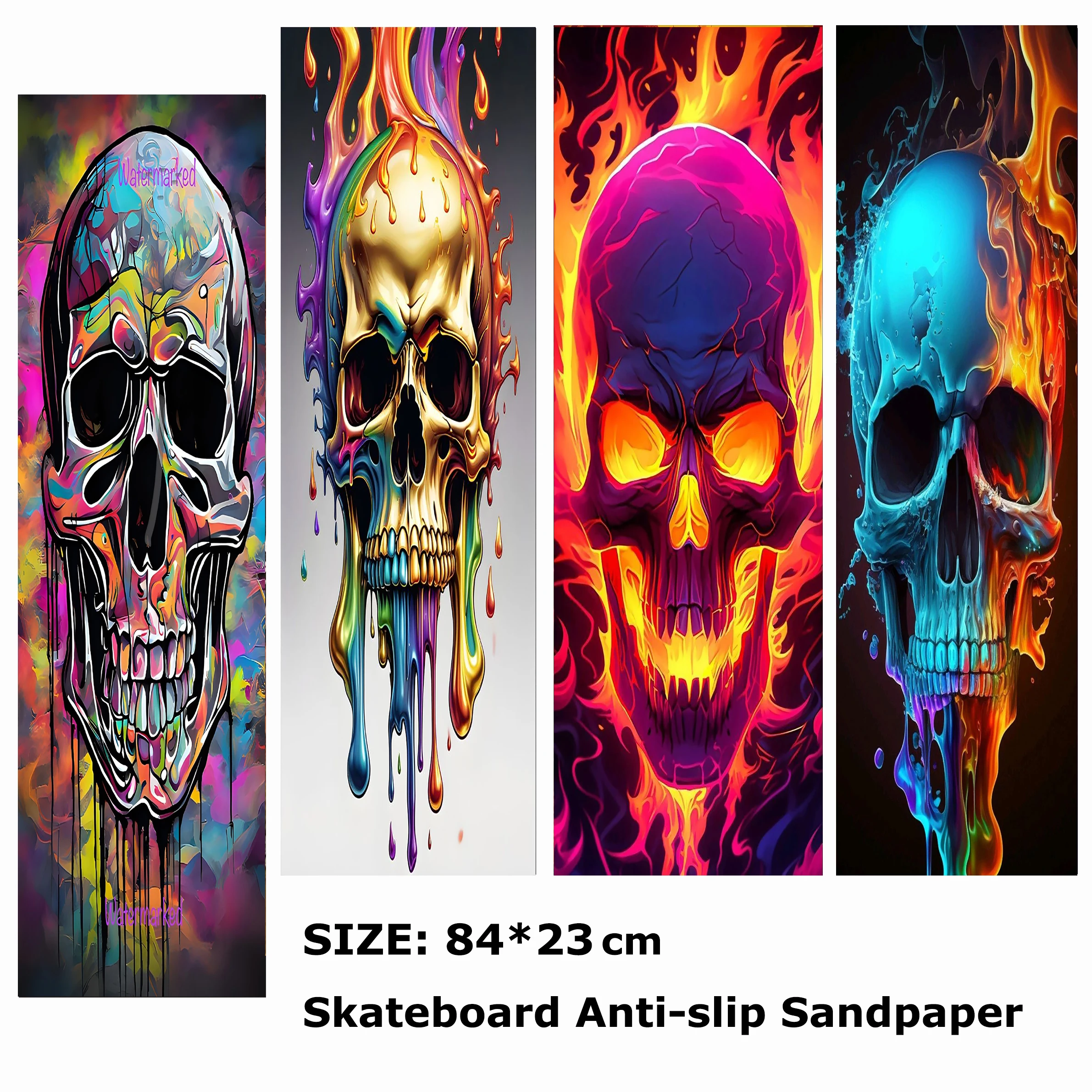 Multicolor Watercolor Melting Skull Pattern Electric Scooter Anti-slip Sticker Sandpaper Skateboard Grip Tape Sheet 84*23cm