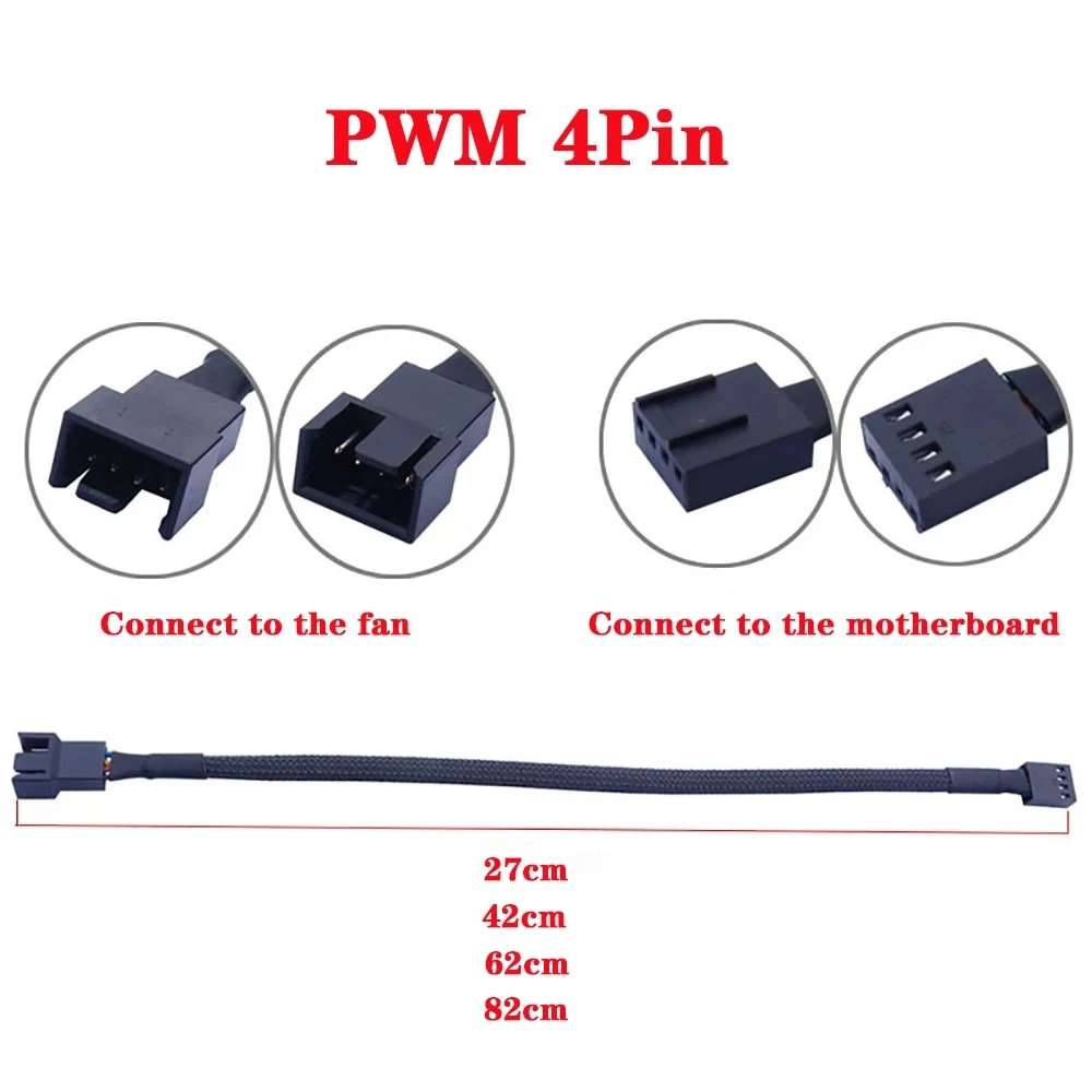 VBNBV 1pc PWM Extension Cable Mainboard CPU 4 PIN Fan 4P Adapter Cable Computer Case 3 PIN Power Cables Connectors 27/42/62/82cm