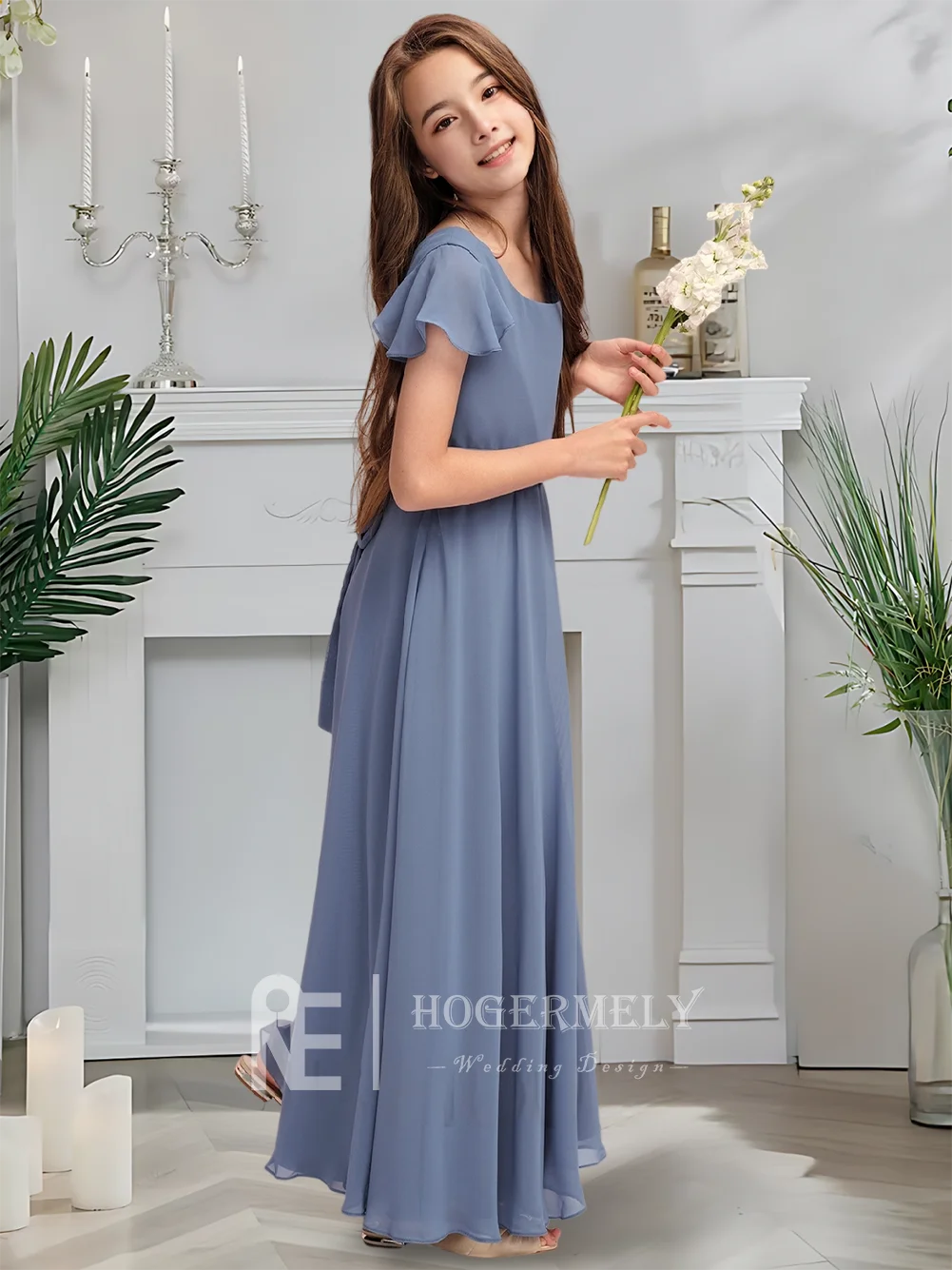 

Blue A Line Square Neck Chiffon Junior Bridesmaid Dress Floor Length With Sash Bow Ideal For Flower Girl Dress Wedding Party Gow