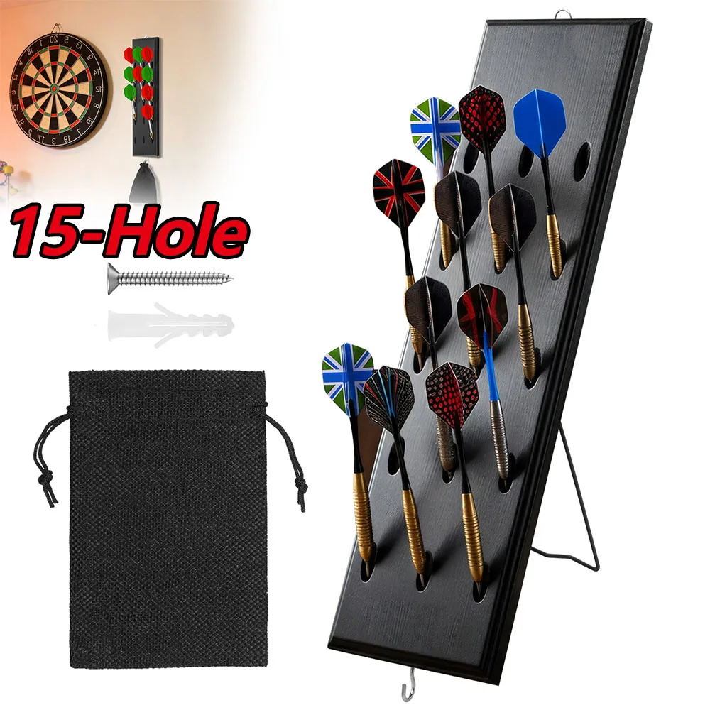 

15 Hole Dart Holder Wooden Wall Mounted Dart Display Rack with Metal Hook & Rear Stand Dart Board Accessories for Game Room Bar