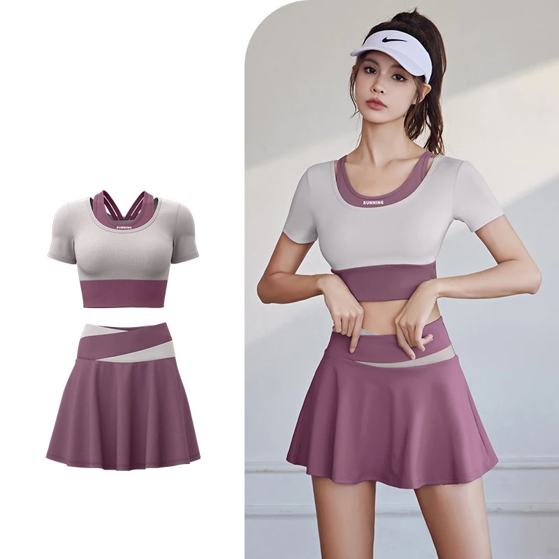 PIANNIAO-Conjunto de yoga y gimnasio para mujer, ropa de entrenamiento profesional, deportes, correr, Pilates, fitness, mallas de colores, falda de manga corta