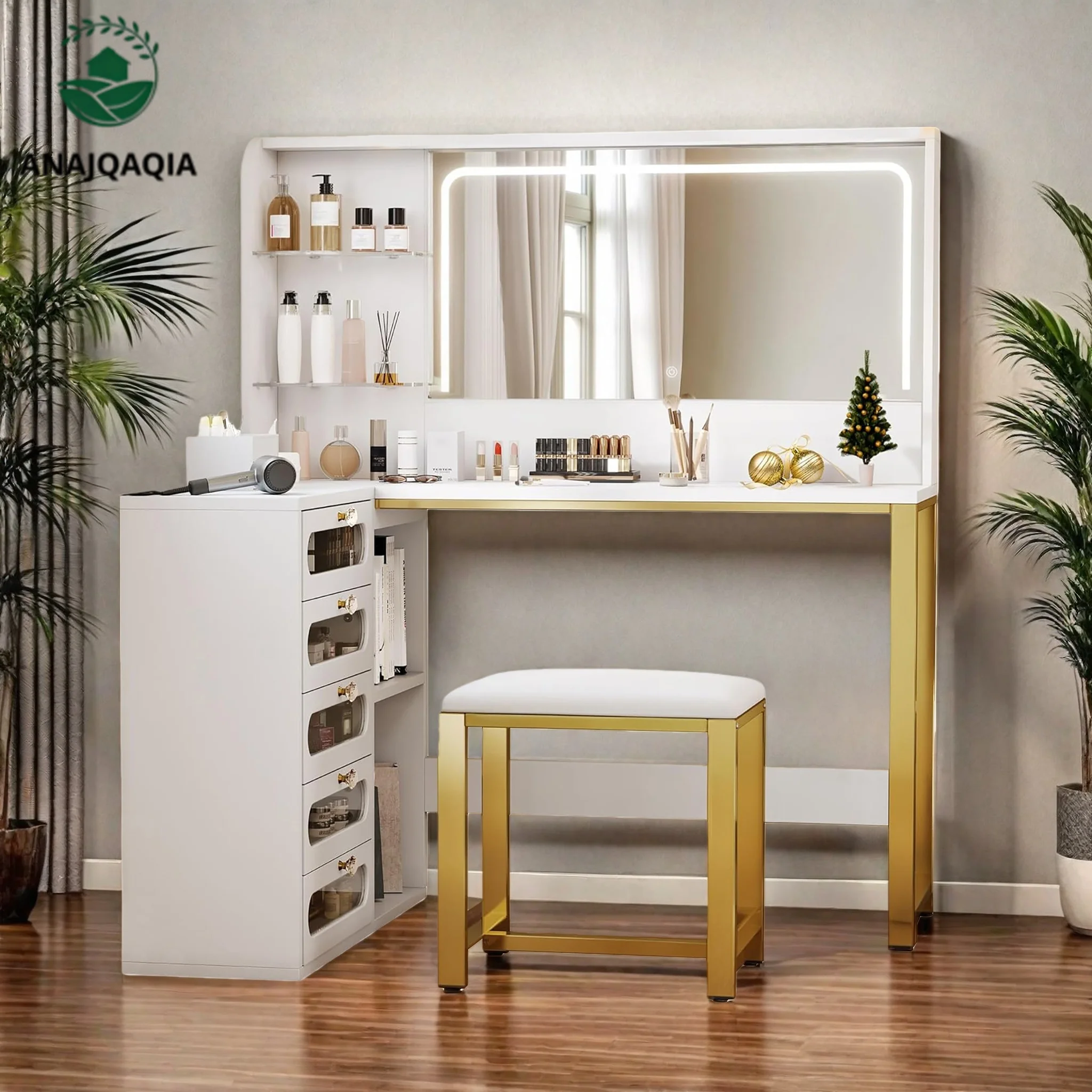 Anajqaqia Tocador en Forma de L con Espejo LED, Taburete Acolchado, 5 Cajones y Estante Ajustable, Mesa de Cosméticos para Dormitorio