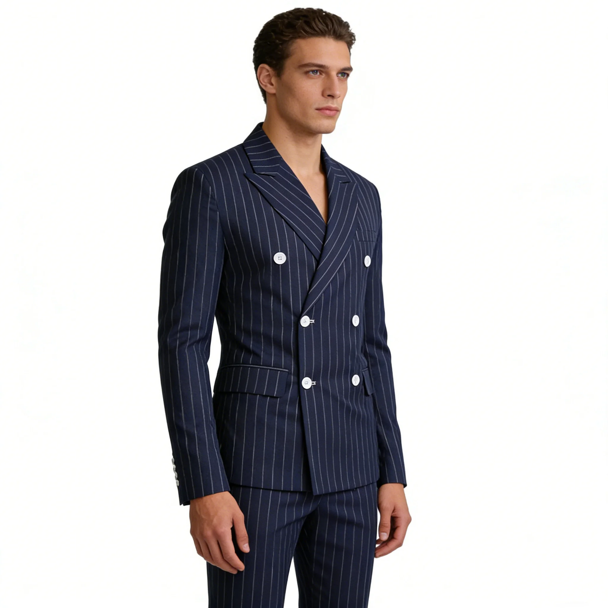 

Men Navy Blue Pinstripe Suit Double Breasted Slim Fit Wedding Business Suit
