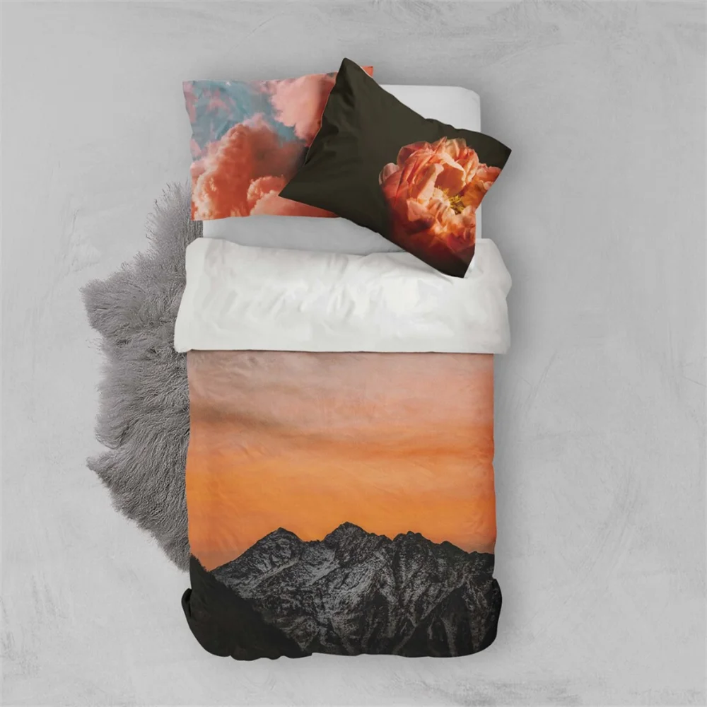 3D Mountain Duvet Covers Set, Flower Quilt Cover, Cloud Bedding Set, Sunset Doona Cover, Orange Queen Bedding, Landscape King