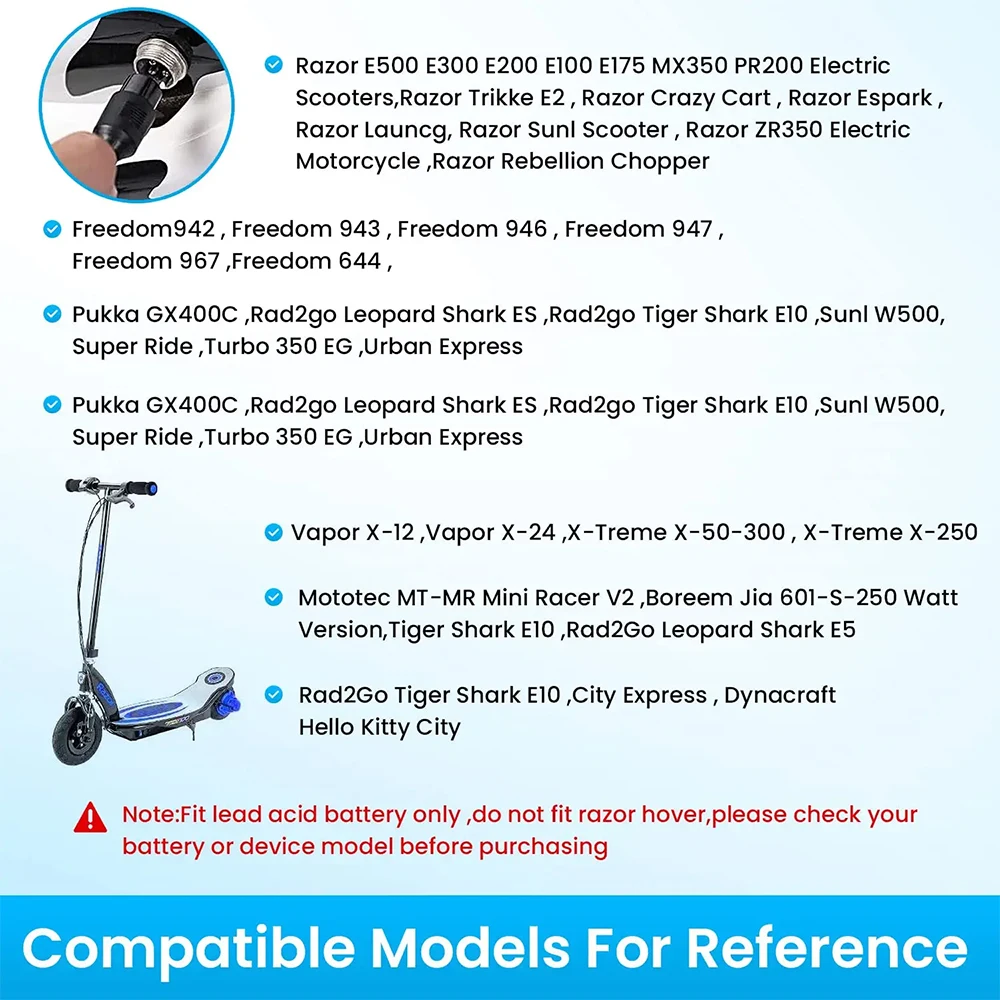 24V Scooter Battery Charger for Razor Dirt Bike E100 E200 E300 E125 E150 E500 PR200 & mx350 Pocket Mod/Sports Mod & Dirt Quad