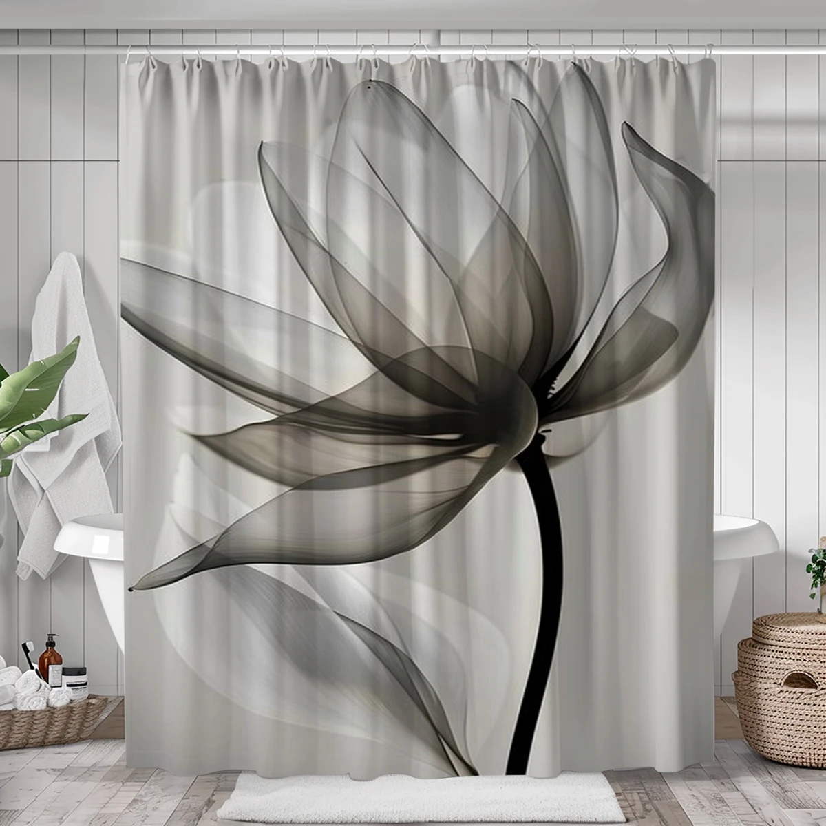 1 pc transparent leaf pattern polyester material shower curtain waterproof fabric, thickened anti mold partition curtain for