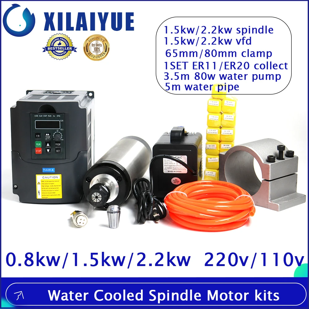 Motor Refrigerado a Água do Eixo Inversor Vfd 65 mm 80 mm Clamp Bomba de Água 80w Er11 Er20 Pinça 0.8kw 0.5kw 2.2kw
