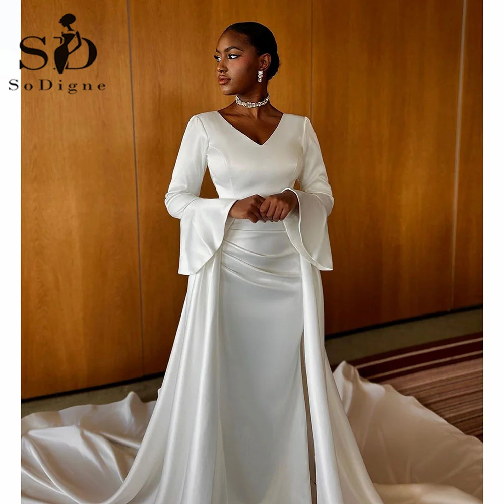 

SoDigne Exquisite Muslim Wedding Dresses V Neck Bride Dresses Long Sleeves Satin Wedding Gown vestidos de novia Customized