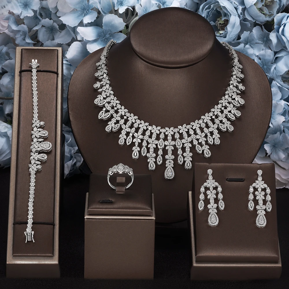 

Dubai Popular Hot Selling Zirconia Large Wedding Jewelry Set Elegant Women Fashion Modeling CZ Hand Necklace Earrings Sets