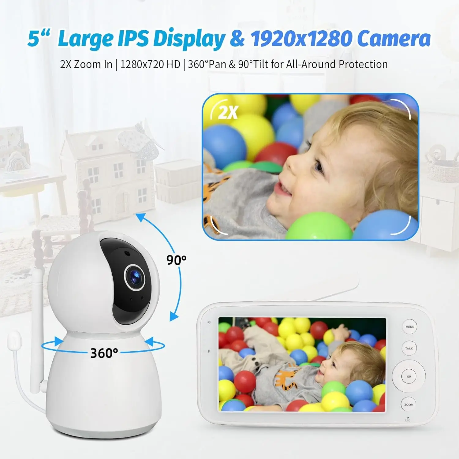 Baby Monitor Camera Audio 5 Inch Screen 28 Hours Battery Video Camera Night Vision 2-Way Talk Lullabies Baby Nanny Security Cam