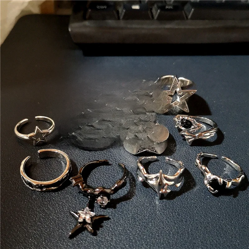 Kpop Goth Punk Vintage esthétique géométrique étoile irrégulière couleur argent bague pour femmes Egirl Grunge Y2K EMO bijoux accessoires
