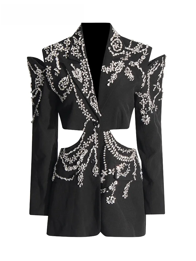 TWOTWINSTYLE solidne łączone diamenty eleganckie marynarki dla kobiet karbowany kołnierzyk z długim rękawem patchworkowy guzik designerski płaszcz damski nowy — zdjęcie 2