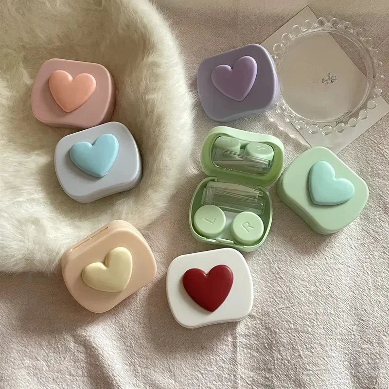 Boîte à lentilles de contact colorées pour femmes, boîte carrée pour documents bonbons, amour, portable, miroir, voyage, facile à transporter, conteneur de stockage