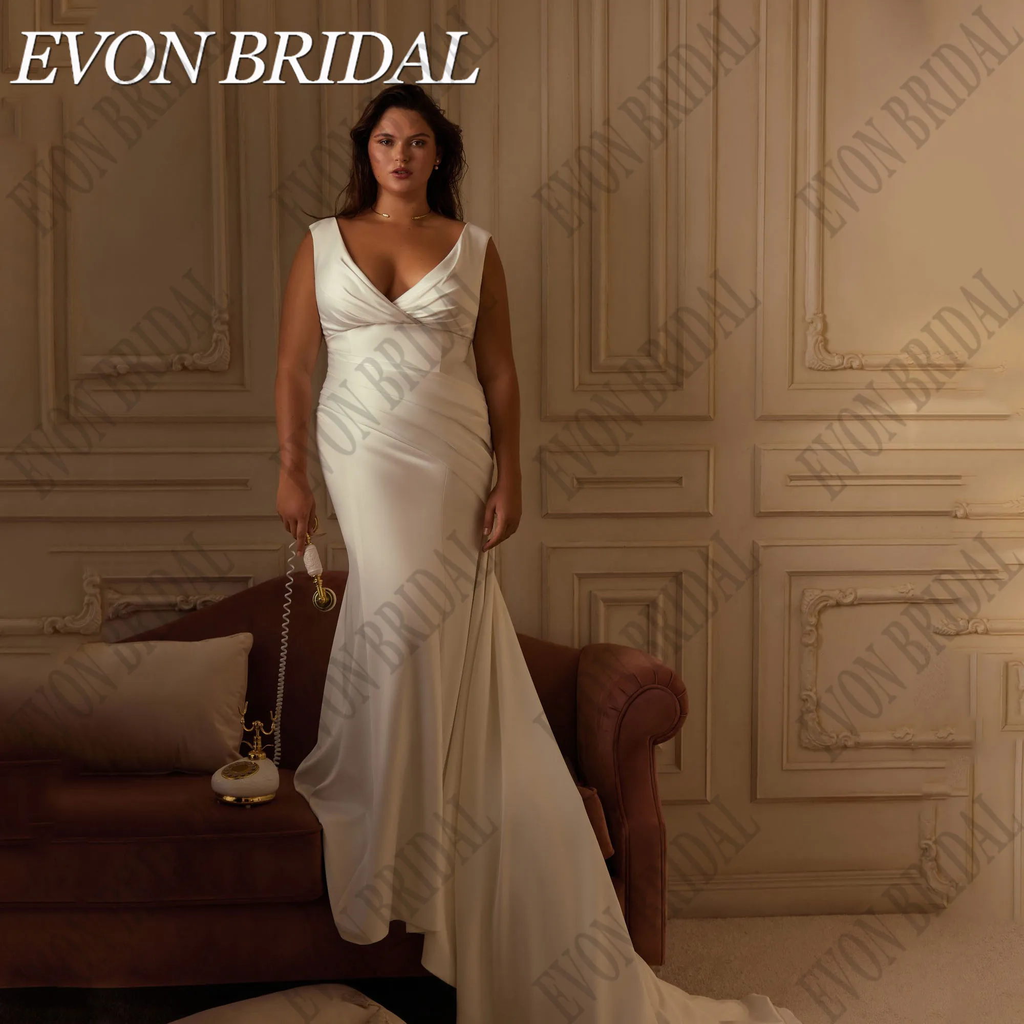 

EVON BRIDAL Plus Size Wedding Dress 2025 Bride V Neck Open Back Sleeveless Satin Mermaid Bridal Gown Sweep Train Customized