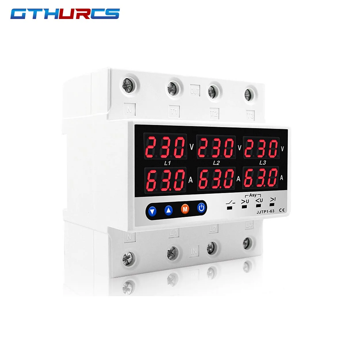 63A 100A 3 Phase Din rail Voltmeter Ammeter adjustable Over and Under Voltage current limit protection Monitor Relays Protector