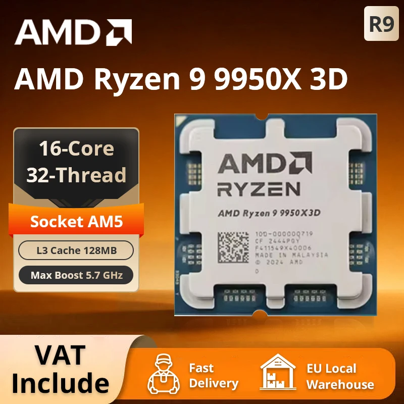 AMD Ryzen 9 9950X3D 16-Kern-CPU, 5,7GHz, 144MB Cache, AM5-Sockel, DDR5, 170W TDP, R9 9000 Serie ohne Kühler